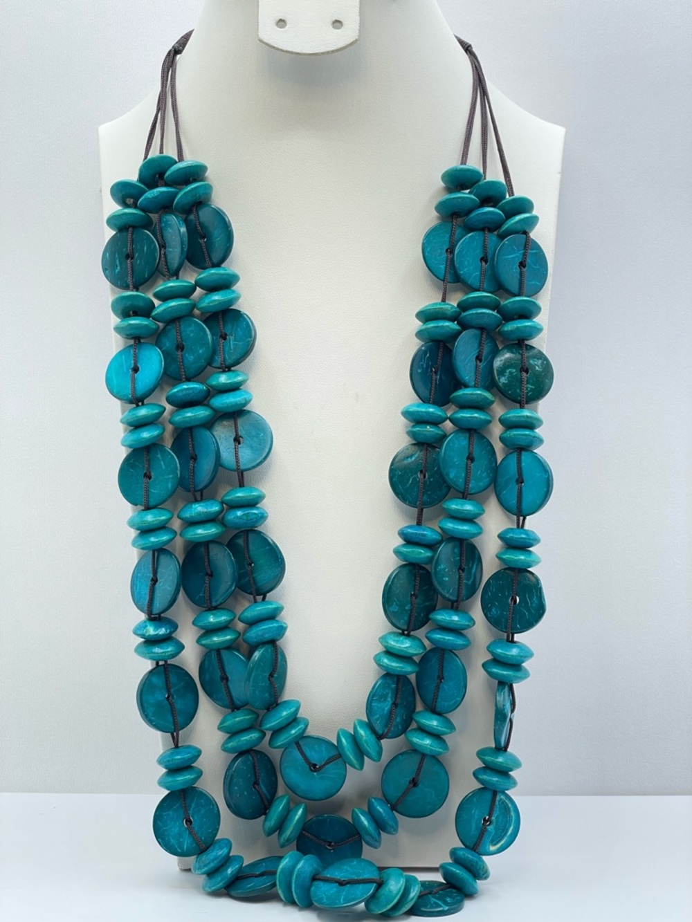 Turquoise Wood Beaded Statement Necklace Multi Strand Boho Adjustable